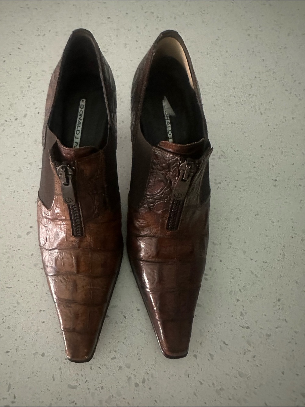 Vintage Donald J Pliner Brown Crocodile Pointed Toe Kitten Heel Booties 6.5